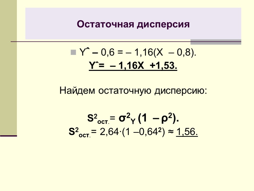 Остаточная дисперсия Yˆ – 0,6 = – 1,16(X – 0,8). Yˆ= – 1,16X +1,53.